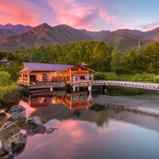 Prompt: DSLR still of a beautiful mountainside river with a pier and a duplex at sunrise, 4k