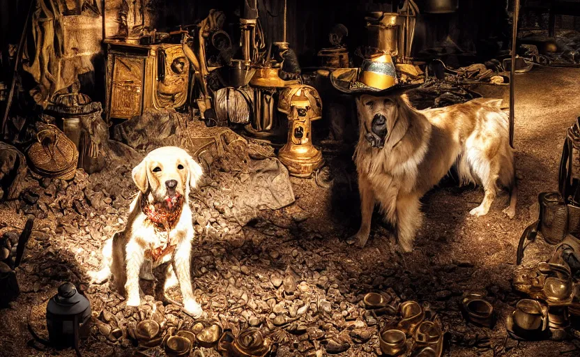 Prompt: a dirty golden retriever in a dark mine wearing a wild west hat and jacket with large piles of gold and gold nuggets nearby, dim moody lighting, wooden supports, lanterns, stylized photo