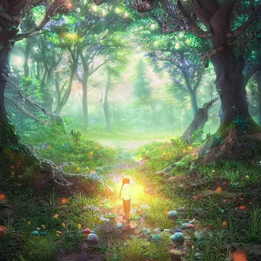 Image similar to the aesthetic view of the beautiful, grand, wistful, dreamy hidden forest at dusk, hyperrealistic anime illustration by iralki nadar, colorful, extremely detailed, intricate linework, super sharp focus, bright colors, octopath traveler, studio ghibli, unreal engine 5 highly rendered, global illumination, radiant light, detailed and intricate environment