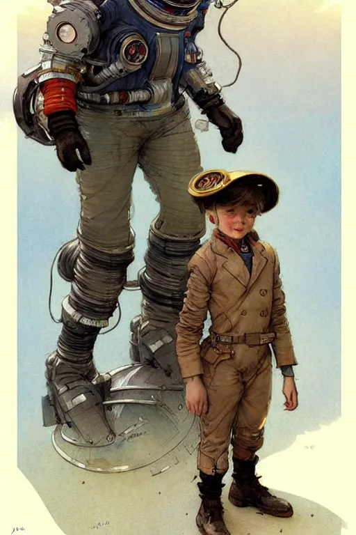 Image similar to ( ( ( ( ( 2 0 5 0 s retro future 1 0 year boy old super scientest in space pirate mechanics costume. muted colors. childrens book, tom lovell ) ) ) ) ) by jean - baptiste monge,!!!!!!!!!!!!!!!!