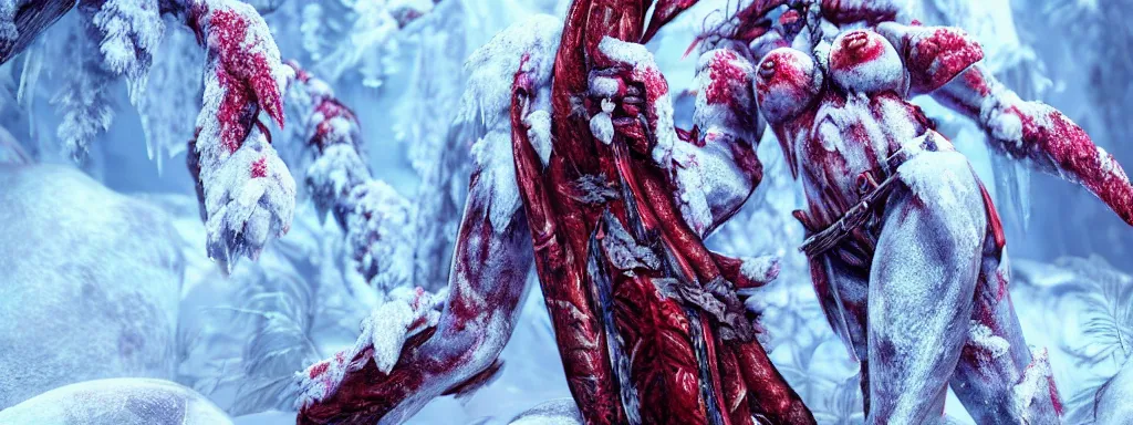 Image similar to muscular frosty warrior woman made of ice, walking in a dense alien snow covered frosty jungle, with snow covered colourful red, blue and purple plants, large vines, snow covered arched organic rock structures, in the style of monster hunter world, like concept art on artstation, hyperdetailed, vray render, octane render,