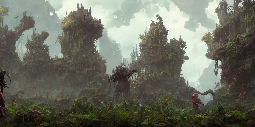 Image similar to Fantasy overgrown world , character design, Greg Rutkowski, Mike mignola, Kim Jung Gi, trending on Artstation, 8K, ultra wide angle, pincushion lens effect.