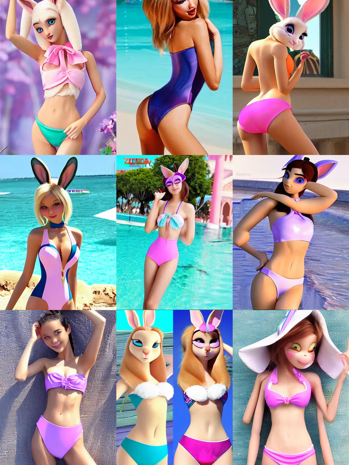 Prompt: slim sexy feminine rabbitbunny from zootopia swimsuit, female beautiful rabbit from pixar bathing suit, fluffy gorgeous zootpia bunny femme bikini