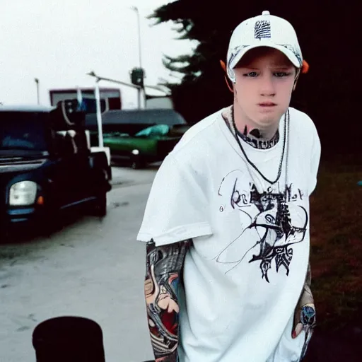 Prompt: 19-year-old white boys wearing baseball cap and baggy jeans, tattoos, singer and guitarist, concert quality, 2002 alternative metal, nü metal, rap metal, VHS quality, MTV