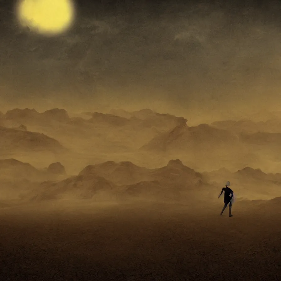 Image similar to a surreal landscape of a frightened man chased by ghosts in a vast desert lit by two scary moons