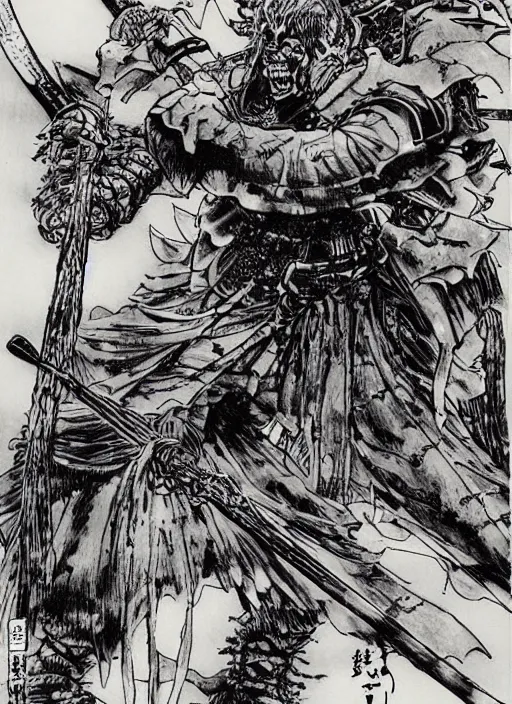 Prompt: a monstrous fungus samurai swinging a large nodachi, by takehiko inoue, masterpiece ink illustration