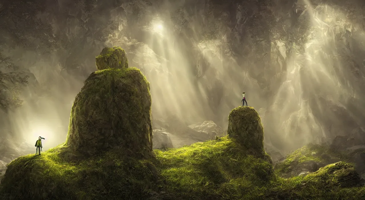 Image similar to photorealistic matte painting of mr burns from the simpsons standing far in misty overgrowth undergrowth jagged rock features volumetric fog light rays high contrast dawn