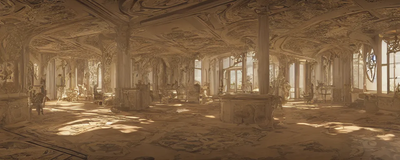 Image similar to art nouveau, interior, big open floor, 3 d v - ray photo realistic, ambient aclution, 8 k