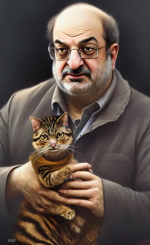 Image similar to portrait of salman rushdie with a cat, deep focus, d & d, fantasy, intricate, elegant, highly detailed, digital painting, artstation, concept art, matte, sharp focus, illustration, art by artgerm and greg rutkowski and alphonse mucha