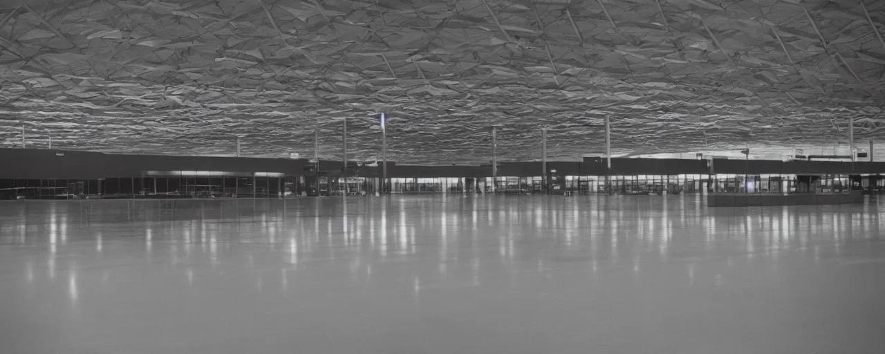 Image similar to the inside of an empty airport, late at night, eerie, 1 9 8 0 s