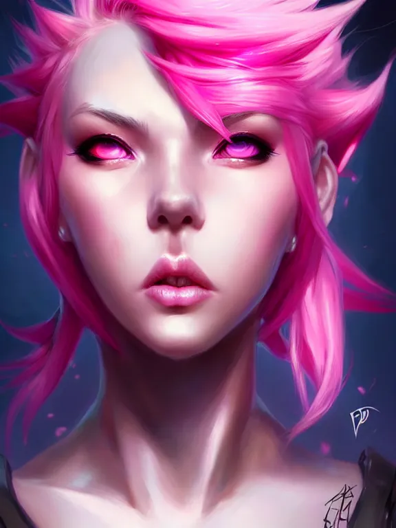 Image similar to a League of Legends FAN ART Portrait of VI, pink hair, short hait, elegant, highly detailed, digital painting, concept art, smooth, sharp focus, illustration, by Patrice murciano ,artstation,deviantart,Unreal Engine,face enhance,8K,golden ratio,cinematic lighting