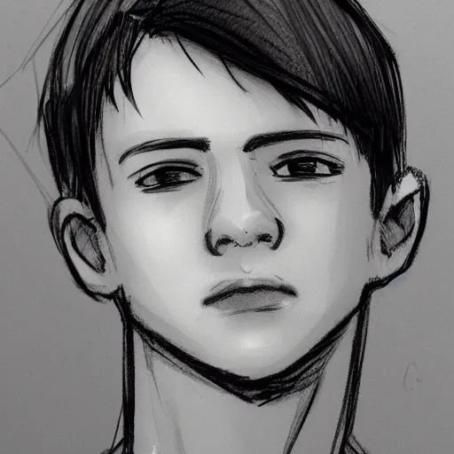 Image similar to sketch of a teenage boy with very short side part hair smiling trending on artstation