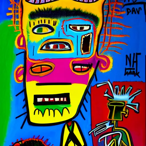 Image similar to colorful odd colors detailed neo expressionism chaotic oil painting of sad boy business man depressed with tattoos by basquiat