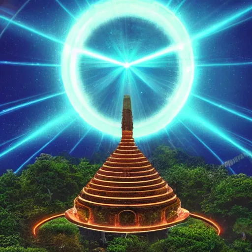 Prompt: a stone temple emitting a super powered laser beam with magical energy spiraling around the beams light straight in a star filled sky surrounded by dense lush jungles from an aerial point of view