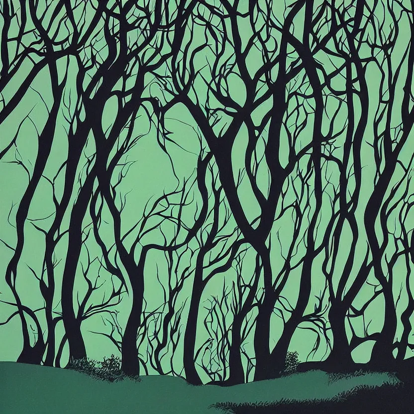 Prompt: serigraph landscape illustrations by american artist eyvind earle.