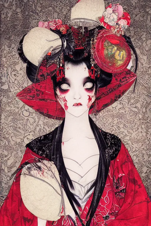 Image similar to watercolor painting of an avant - garde japanese bjd geisha vampire queen in a victorian lolita fashion red dress in the style of lovecraftian horror painted by yoshitaka amano, takato yamamoto, ayami kojima, dmt art, symmetrical vogue face portrait, intricate detail, artstation, cgsociety, artgerm, rococo