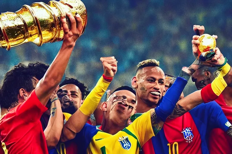 Image similar to neymar jr lifting the world cup, cinematic, dramatic, color grading, photojournalism, colorful, highly detailed