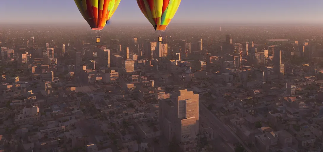 Image similar to a giant hot air balloon of hank hill looms over a city, rendered in octane, high detail, 8 k