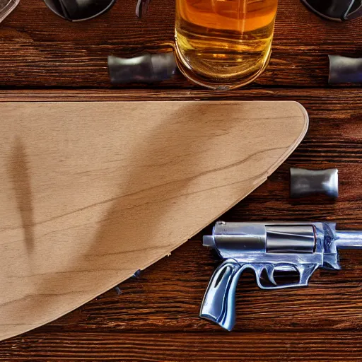 Prompt: old west gun, pistol, and beer, table, top view