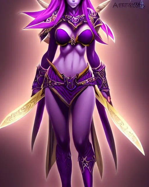 Image similar to character concepta beautiful and strong purple female anime warrior night elf | | cute - fine - face, world of warcraft, pretty face, realistic shaded perfect face, fine details by stanley artgerm lau, wlop, rossdraws, james jean, andrei riabovitchev, marc simonetti, and sakimichan, trending on artstation