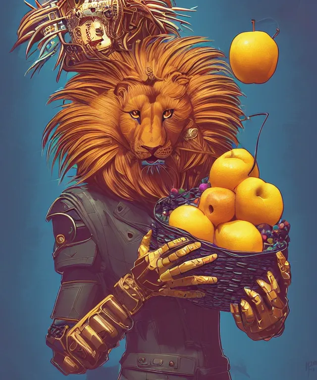 Image similar to a portrait of an anthropomorphic cyberpunk lion holding a fruit basket, fantasy, elegant, digital painting, artstation, concept art, matte, sharp focus, illustration, art by josan gonzalez