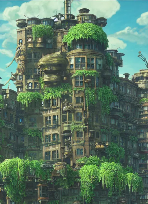 Prompt: A Huge Steampunk Old Apartment Building by Howl's Moving Castle Ghibli, by Miyazaki, by Vincent Di Fate Nausicaa, Ghibli, Breath of The Wild, epic composition, green plants, octane render, trending on artstation