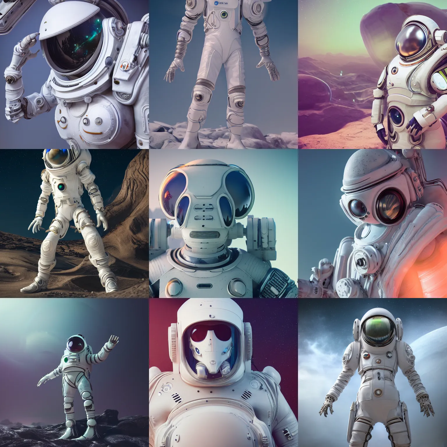 Prompt: photography of a white futuristic steampunk space man suit armor, in an colorful alien planet, ultra detail, beautiful light, high detail, 8 k, f / 2. 8, octane render