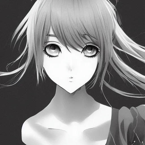 Image similar to bust portrait of a pretty young anime woman, drawn by WLOP, black and white anime manga panel, trending on artstation