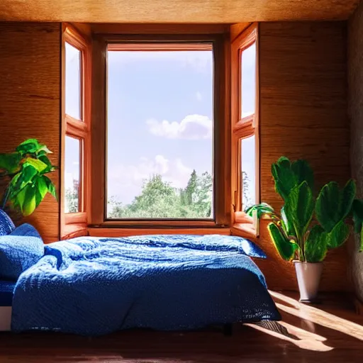 Prompt: a room with a blue bed in the corner, with a window next to the bed, plants in the window, sunlight coming through the window, wooden walls and a lava lamp, light reflections, professional photo