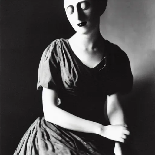 Image similar to old monochrom photography of a beautiful woman with a magpie dress, by man ray, alfred ghisoland, george edward hurrell, 4 k,