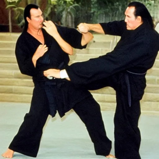 Prompt: Steven seagal doing aikido on Chuck Norris and Christie brinkley