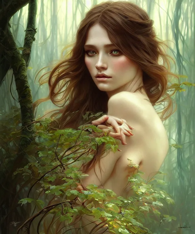 Image similar to Forest nymph woman portrait, amber eyes, face, long hair, fantasy, intricate, elegant, highly detailed, digital painting, artstation, concept art, smooth, sharp focus, illustration, art by artgerm and greg rutkowski and alphonse mucha