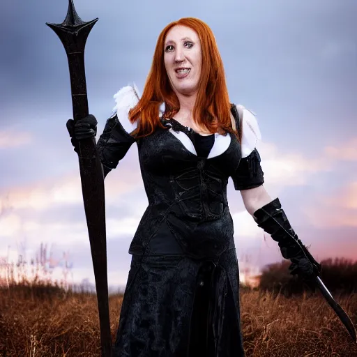 Prompt: full body photograph of angela rayner as a vampire warrior, Extremely detailed. 8k