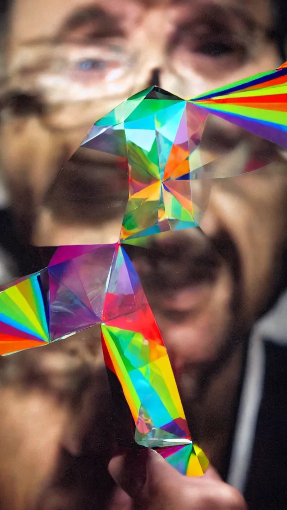 Image similar to a martin parr photo of a prism in front of man's face