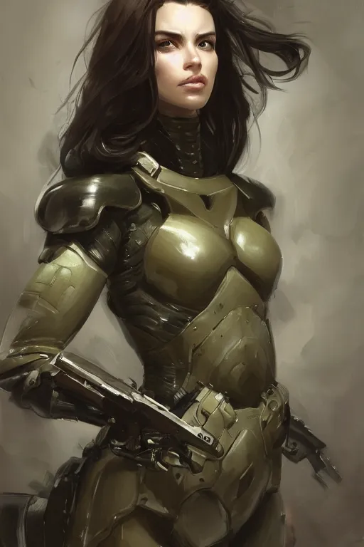 Image similar to a professionally painted portrait of an attractive young woman, clothed in military armor, olive skin, long dark hair, beautiful bone structure, symmetrical facial features, intricate, elegant, digital painting, trending on Artstation, concept art, smooth, sharp focus, illustration, from Metal Gear by Ruan Jia and Mandy Jurgens and Artgerm and William-Adolphe Bouguerea, award winning