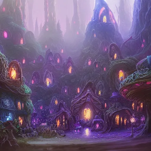 Image similar to concept art detailed painting of a dark purple fantasy fairytale fungal town made of mushrooms, with glowing blue lights, in the style of jordan grimmer and neil blevins and wayne barlowe