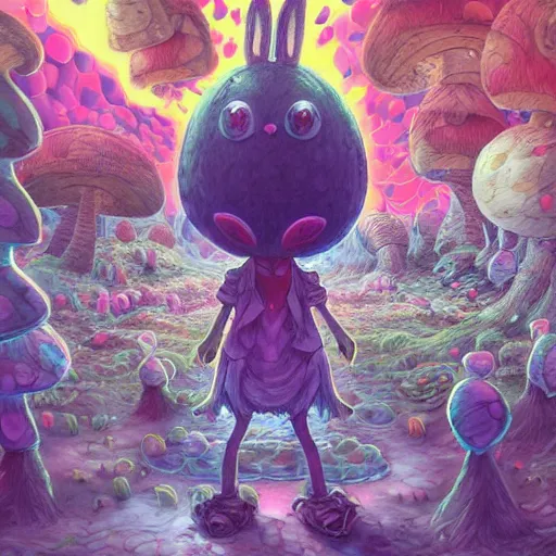 Image similar to 4 k headshot portrait of a psychedelic demonic anthropomorphic bunny rabbit with mushroom themed clothes, magic mushroom village in background. award winning. superb resolution. in the art style of junji ito and greg rutkowski. detailed mushroom city in background. hyper realistic anime. perfect art. dalle 2