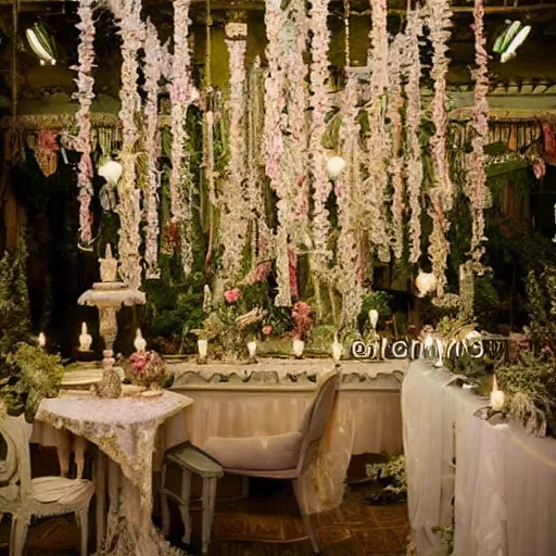 Image similar to A fantasy historical 1900s Russian and Japanese mix taken of a royal wedding floral covered venue inspired by a enchanted ethereal forest.