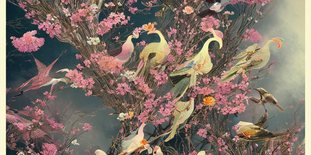 Prompt: breathtaking detailed concept art painting art deco pattern of birds goddesses amalmation flowers with blend of flowers and birds, by hsiao - ron cheng and john james audubon, bizarre compositions, exquisite detail, extremely moody lighting, 8 k