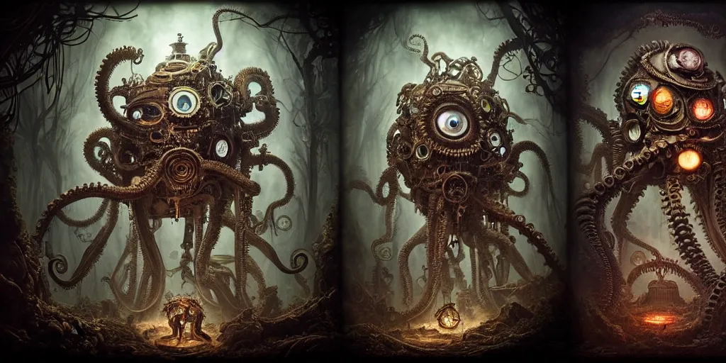 Prompt: biomechanical steampunk creature with robotic parts and big octopus head and (glowing) eyes guarding an ancient chest in a mystic forest, gothic and baroque, brutalist architecture, ultradetailed, creepy ambiance, artgerm, giger, Intricate by Ellen Jewett and Josan Gonzalez and Giuseppe Arcimboldo