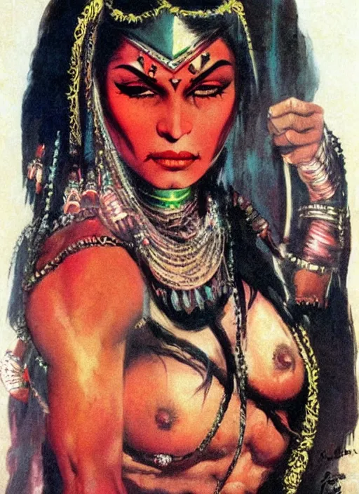 Image similar to portrait of muscular indian vampiress, jeweled veil, strong line, saturated color, beautiful! coherent! by frank frazetta, high contrast, minimalism