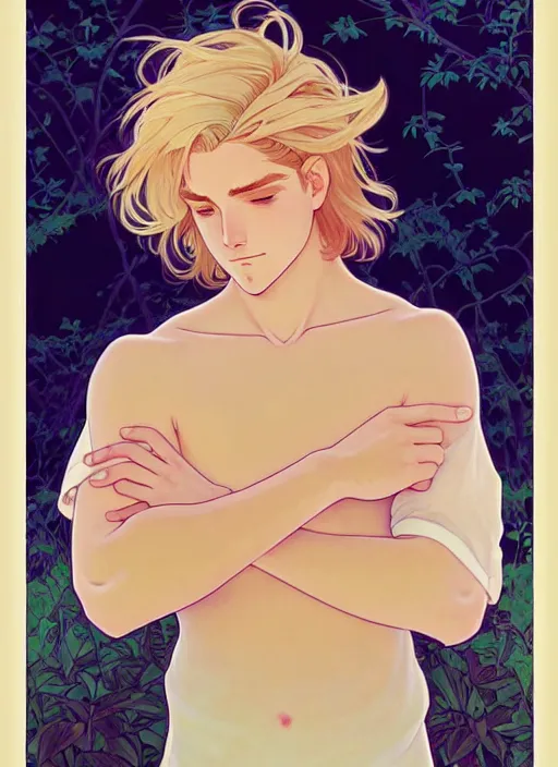 Image similar to pretty young man with shoulder length blond hair, male, half body shot, path traced, highly detailed, high quality, digital painting, by studio ghibli and alphonse mucha, leesha hannigan, hidari, art nouveau, chiho aoshima, posuka demizu