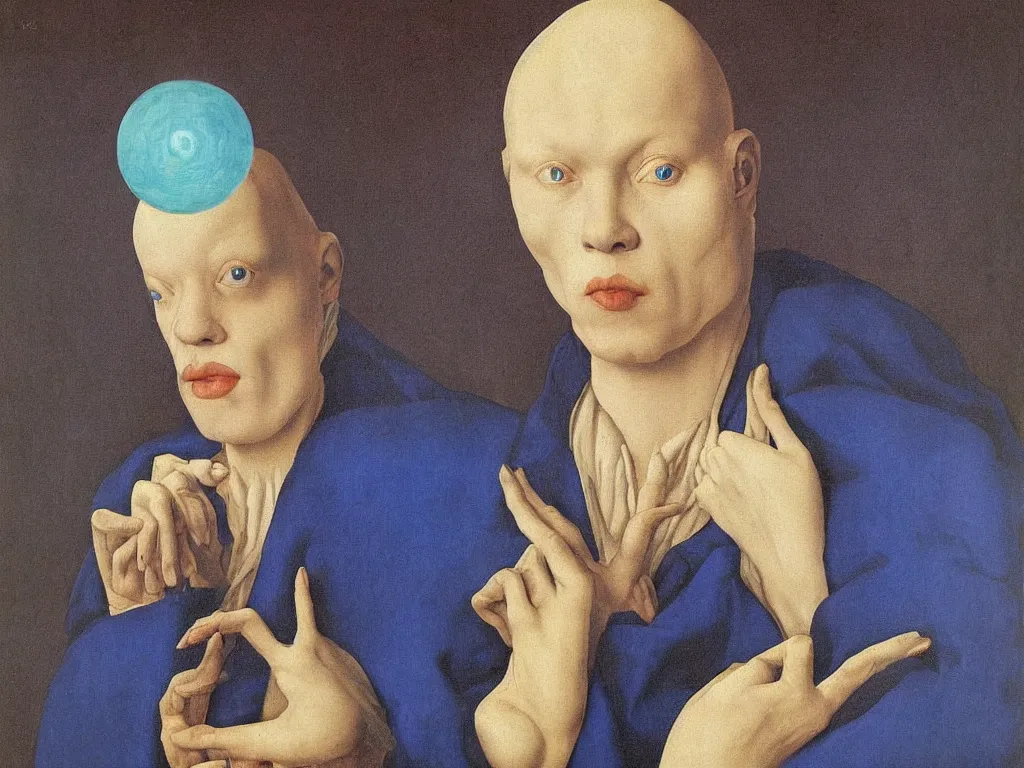 Image similar to Portrait of albino mystic with blue eyes, with atomic explosion. Painting by Jan van Eyck, Audubon, Rene Magritte, Agnes Pelton, Max Ernst, Walton Ford