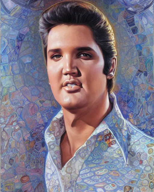 Prompt: portrait of Elvis Presley by Mandy Jurgens and Richard Schmid and chuck close and mucha