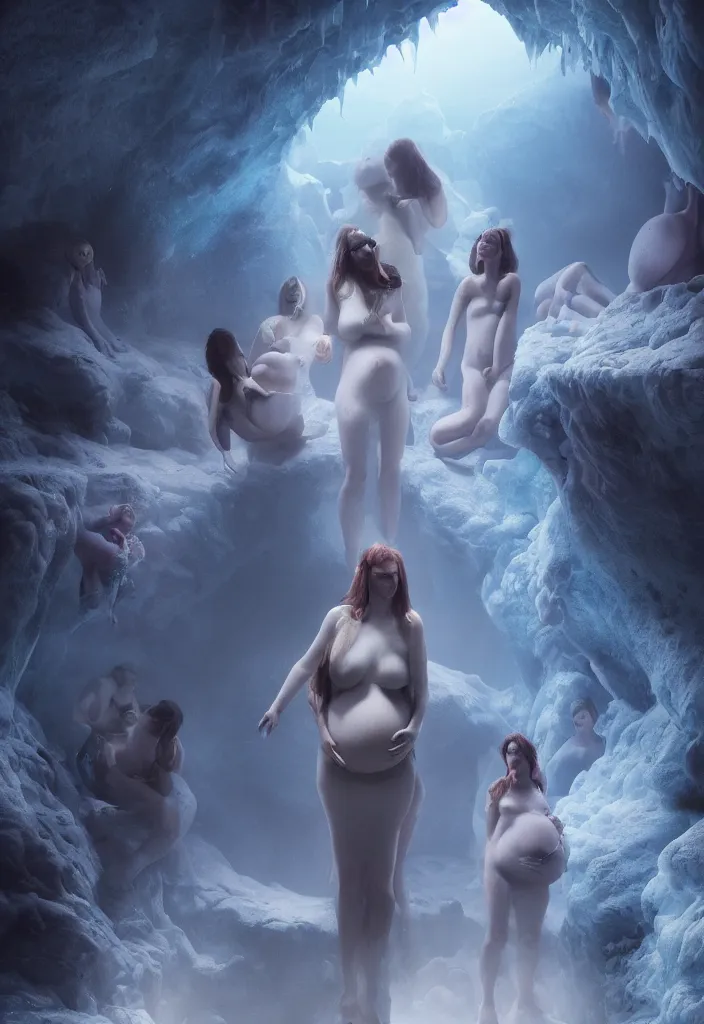 Image similar to epic pregnant woman talking to all her tribe with fluorescence bodies, proud people gather around the pregnant woman, ice cave, facinating, fantasy digital art, octane render, beautiful coherent composition, trending on artstation, matte painting, masterpiece