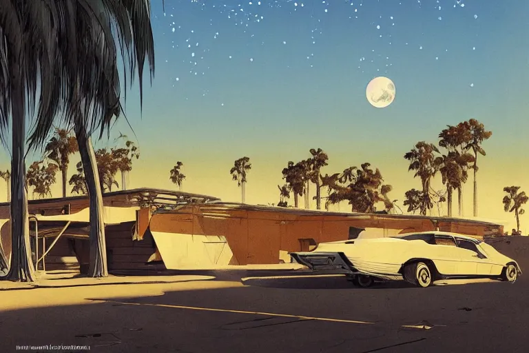 Image similar to broken robot | abandoned motel | palm trees | snowy mountains | moon in sky, painting by syd mead and weta studio and moebius and james jean and frank frazetta, highly detailed, rule of third, soft lighting, architectural magazine, beautiful detailed, insanely intricate details, artstation trending, hypermaximalistic, high details, cinematic