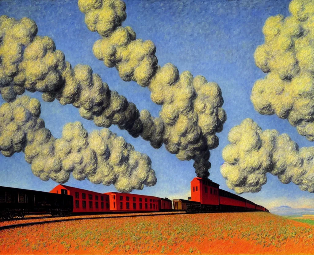 Prompt: achingly beautiful painting of santa fe train by rene magritte, monet, and turner.