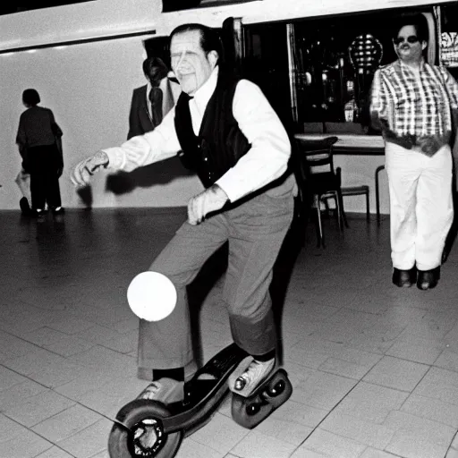 Image similar to Photo of President Nixon rollerblading in a Mexican restaurant, award-winning front-page newspaper, grainy, 1970s