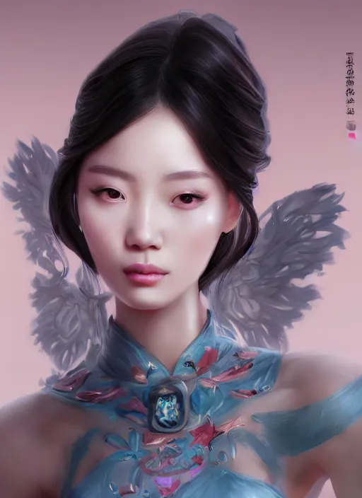 Image similar to beautiful chinese fashion goddness, strapless dress, character portrait in the style of thomas river and artgerm, wlop, cinematic lighting, hyperdetailed, 8 k realistic, symmetrical, global illumination, radiant light, halo, love and mercy, frostbite 3 engine, cryengine, dof, trending on artstation, digital art, chanel