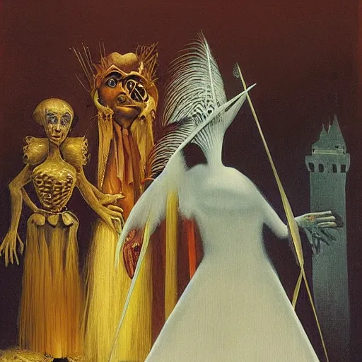 Prompt: venice carnival in the style of remedios varo and Zdzisław Beksiński and norman rockwell